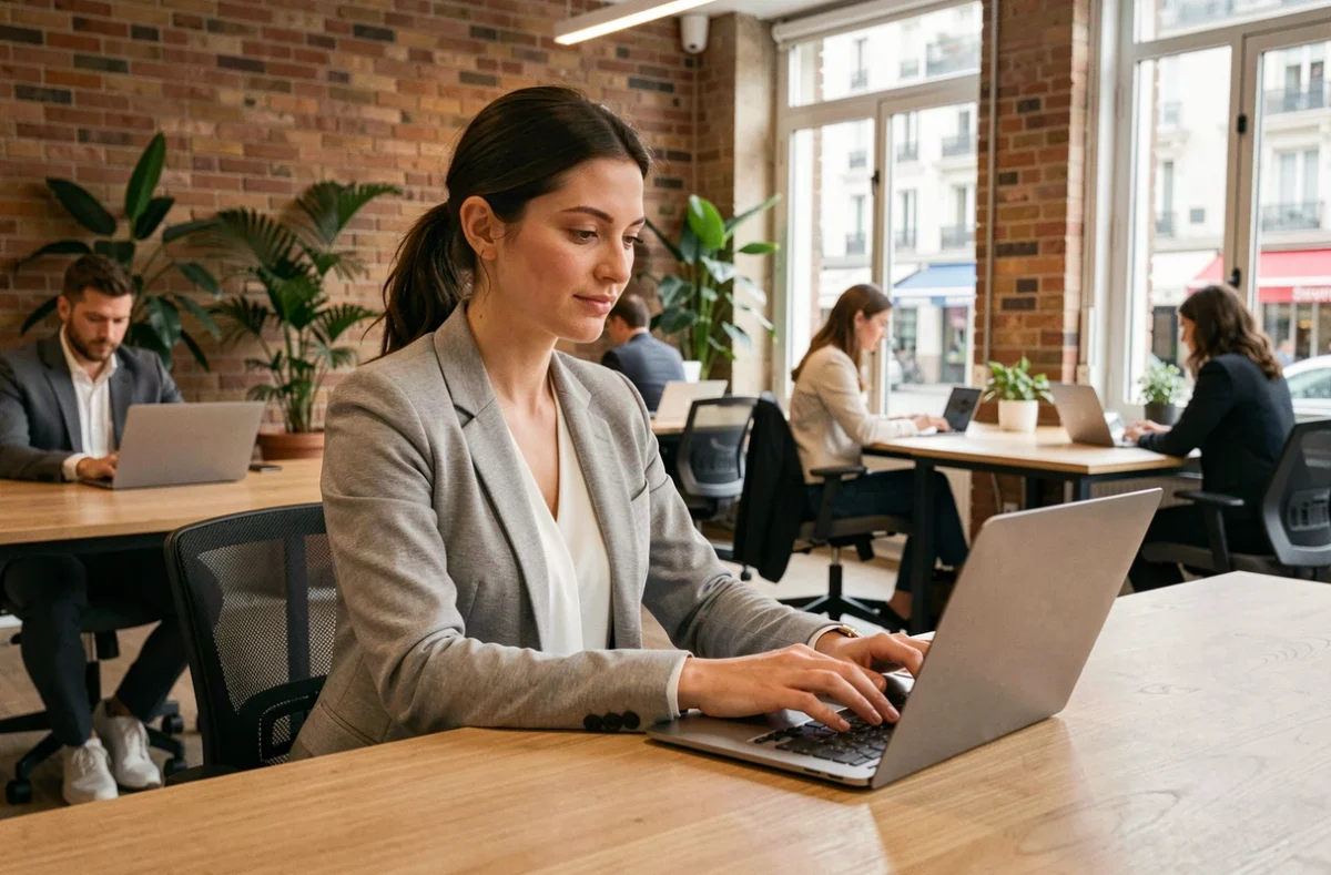 Femme travaillant dans un espace de coworking moderne à Vichy avec un ordinateur portable, murs en briques apparentes et plantes vertes