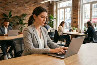 Femme travaillant dans un espace de coworking moderne à Vichy avec un ordinateur portable, murs en briques apparentes et plantes vertes