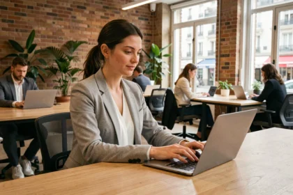 Femme travaillant dans un espace de coworking moderne à Vichy avec un ordinateur portable, murs en briques apparentes et plantes vertes
