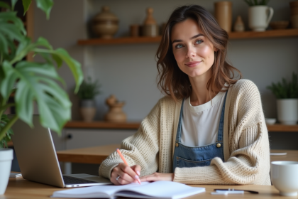 Femme assise à la cuisine avec ordinateur et croquis