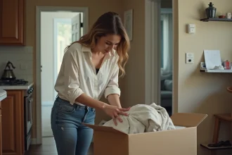 Femme emballant ses affaires dans un appartement modeste