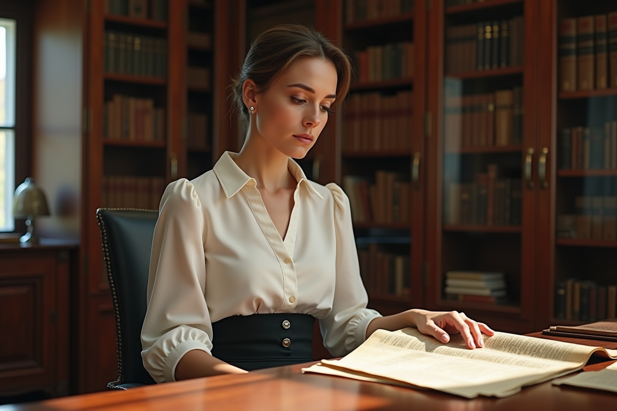 Femme concentrée examinant des documents dans un bureau