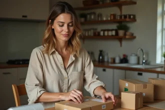 Femme emballant des colis à domicile dans sa cuisine, travail d'emballage à domicile en 2026