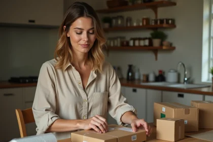 Femme emballant des colis à domicile dans sa cuisine, travail d'emballage à domicile en 2026
