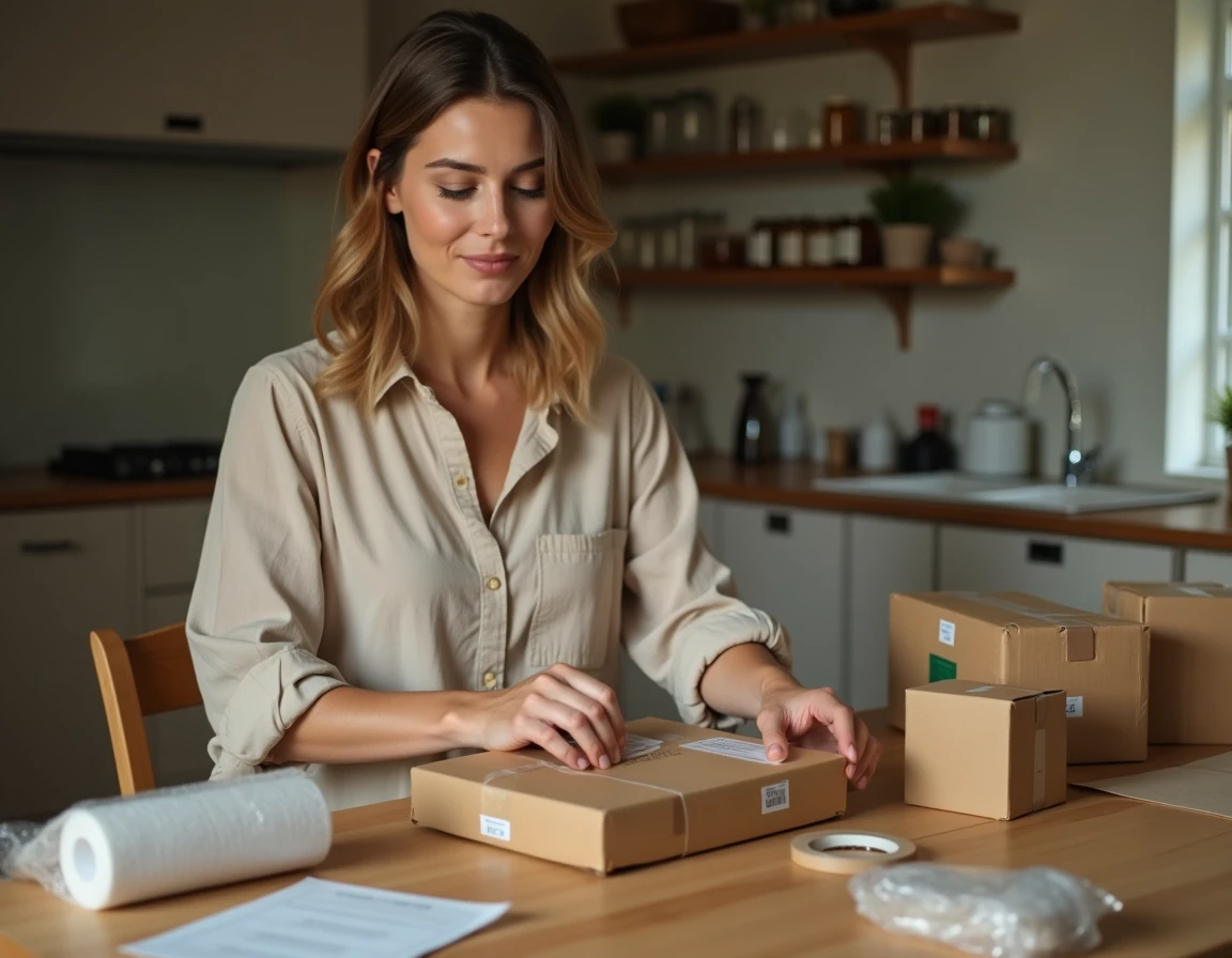 Femme emballant des colis à domicile dans sa cuisine, travail d'emballage à domicile en 2026