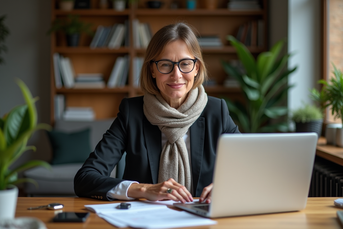 Femme entrepreneure examinant documents de leasing