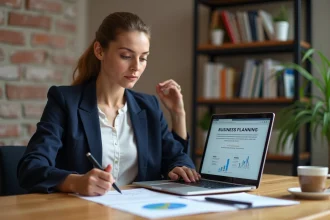 Femme entrepreneur en transition professionnelle travaillant sur son business en ligne depuis son bureau à domicile