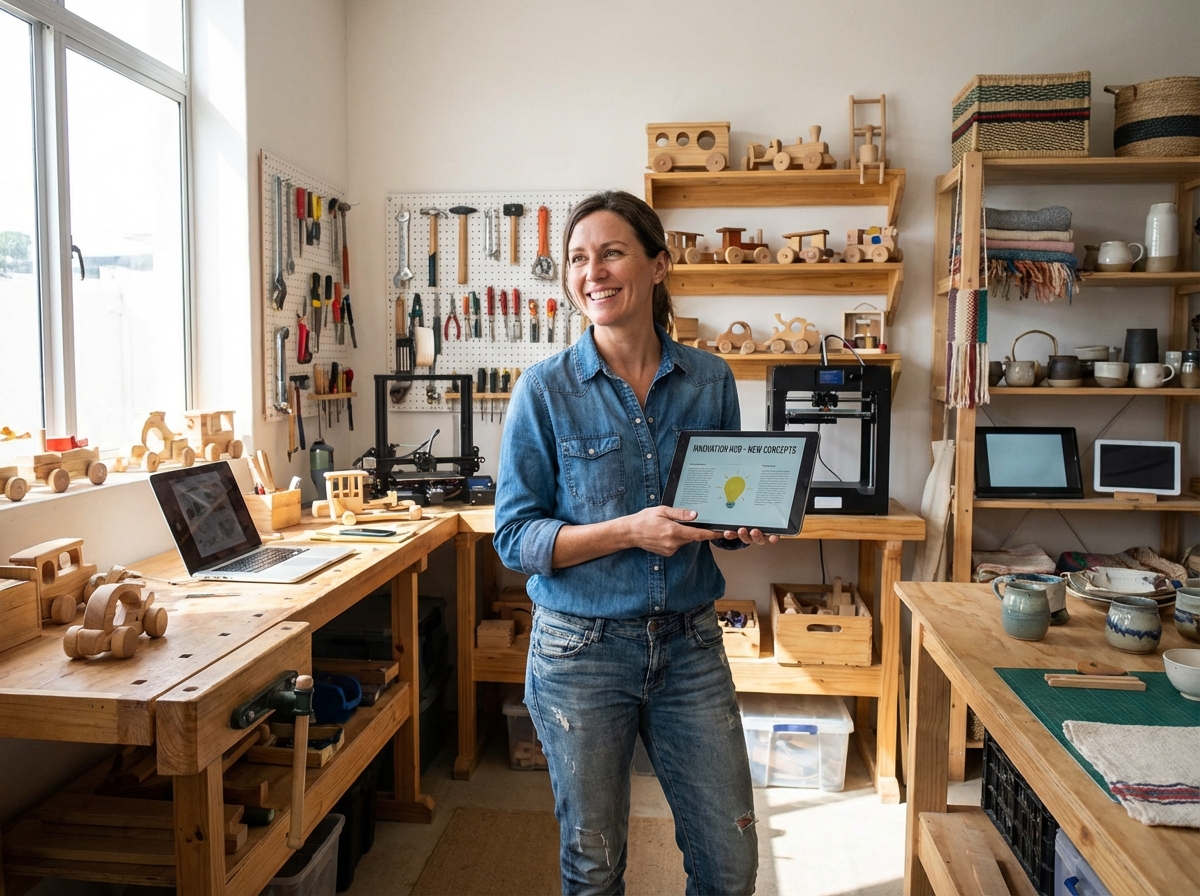 Femme entrepreneure dans un atelier avec produits faits main