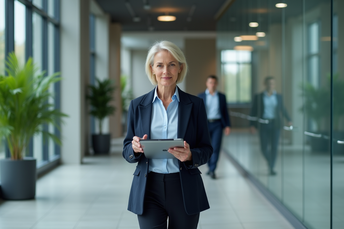 Femme cadre marchant dans un bureau contemporain avec tablette