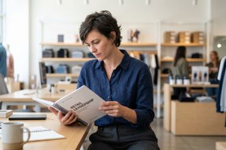 Femme lisant un manuel de formation dans un bureau moderne