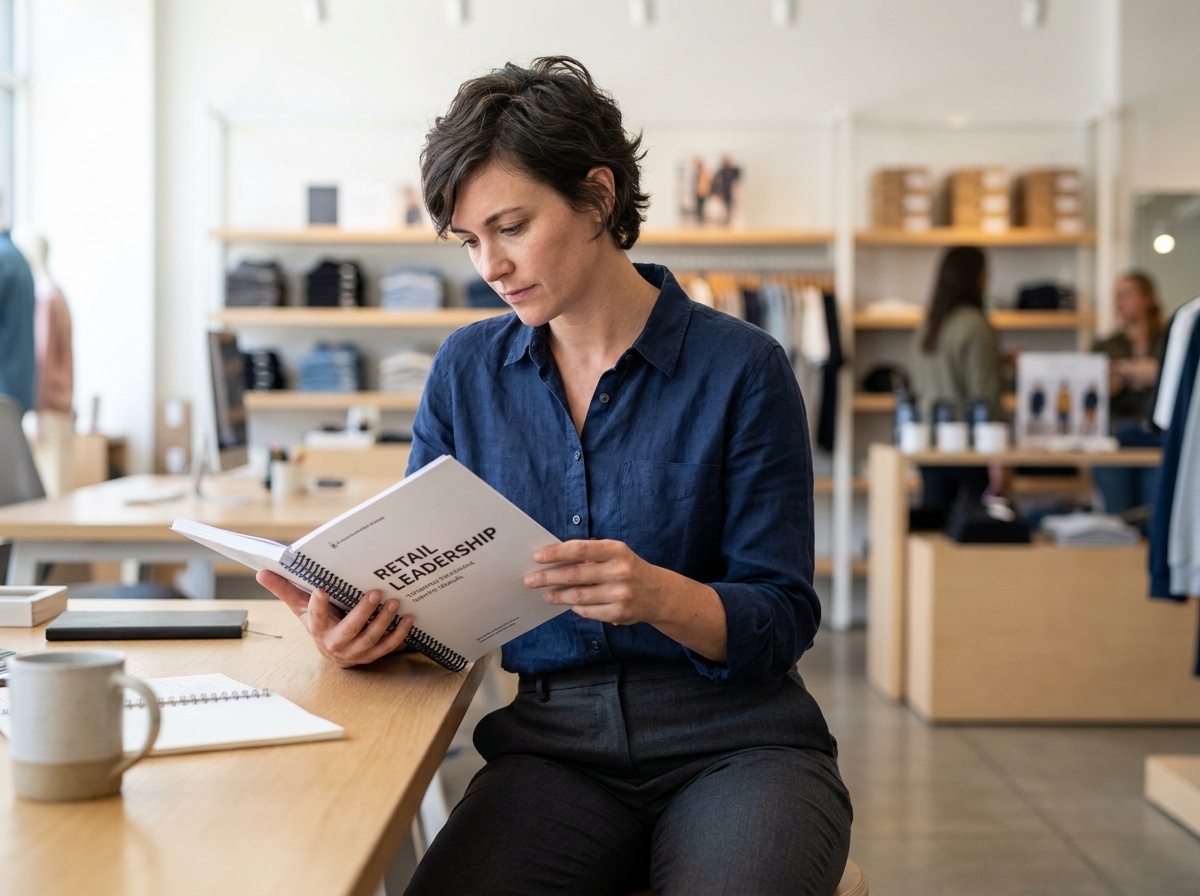 Femme lisant un manuel de formation dans un bureau moderne