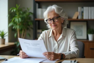 Femme d age moyenne en bureau moderne examine documents assurance