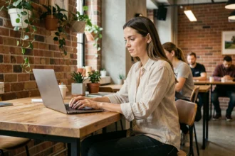 Femme indépendante travaillant sur son ordinateur portable dans un espace de coworking moderne à Anglet