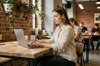 Femme indépendante travaillant sur son ordinateur portable dans un espace de coworking moderne à Anglet