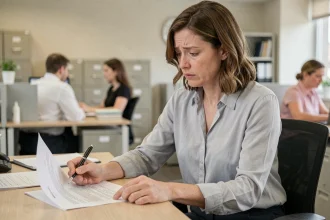 Femme en intérim consultant son contrat de travail 35h dans un bureau administratif, expression préoccupée