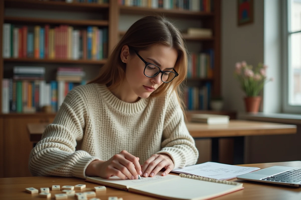 Femme en intérieur jouant avec des lettres et un carnet