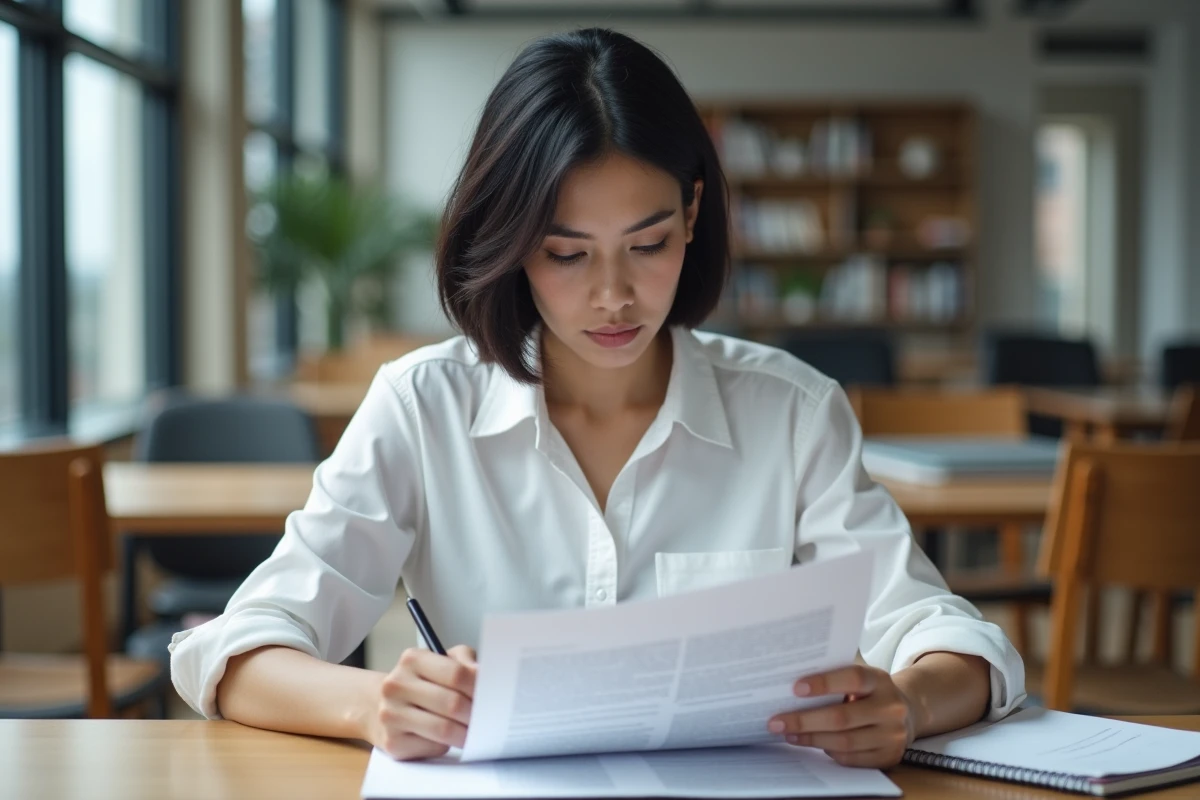 Une femme en reconversion professionnelle lisant attentivement les termes de son contrat de s&eacute;curisation professionnelle avant un rendez-vous avec son conseiller