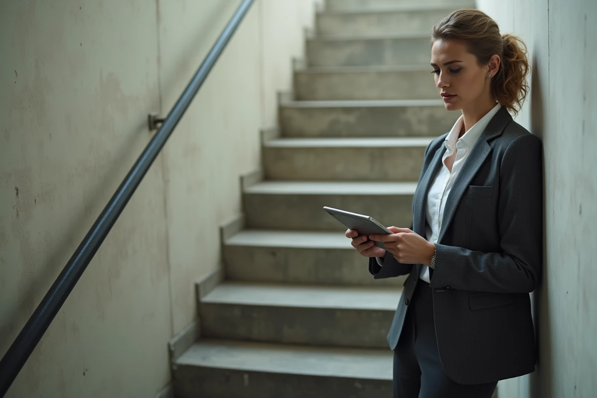 Femme manager seule dans un couloir d'entreprise, questionnant ses compétences de leadership face au syndrome du théorème de Peter