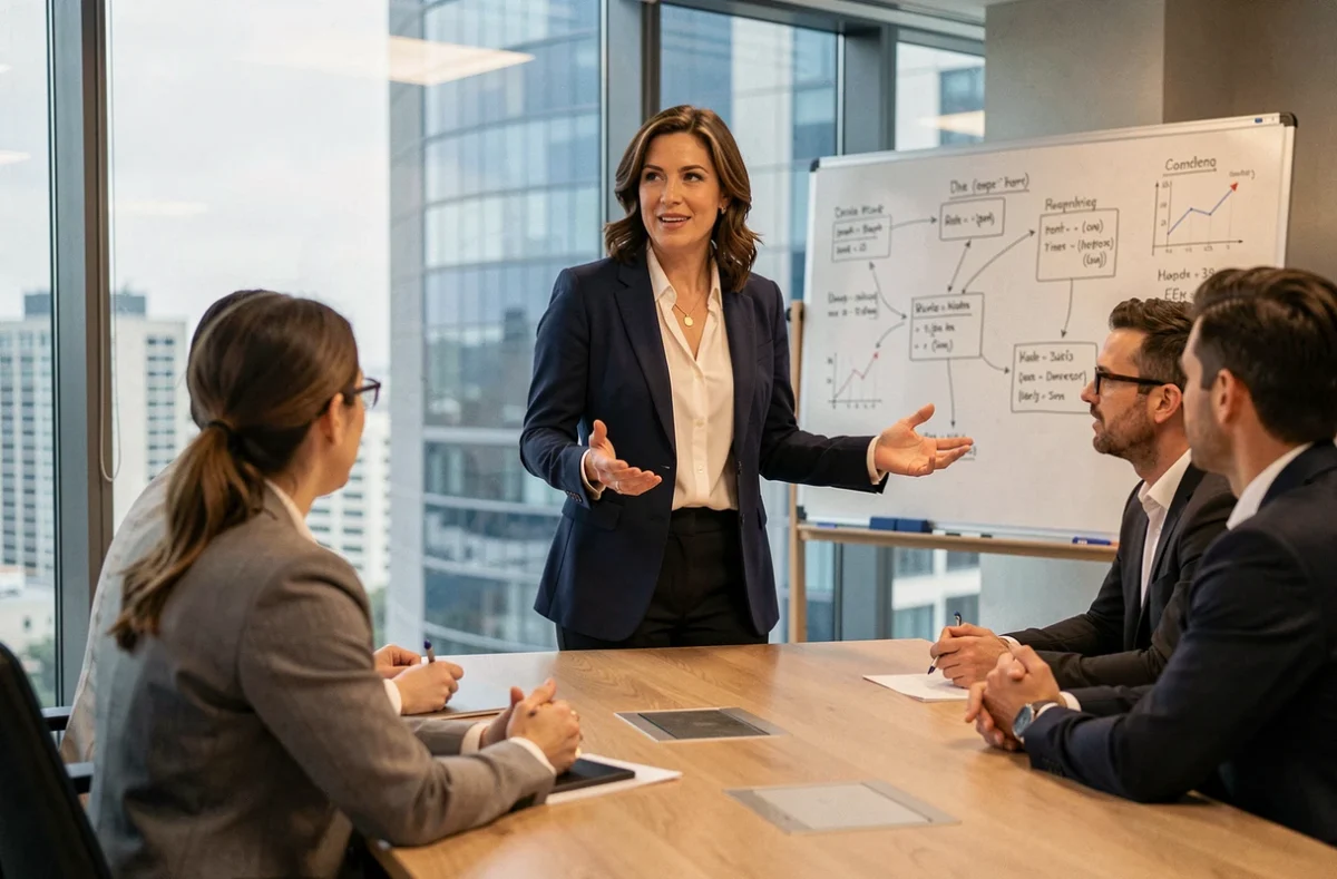 Femme manager dirigeant une réunion d'équipe dans une salle de conférence moderne, illustrant l'évaluation des compétences en leadership