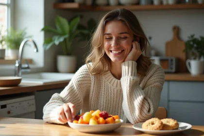 Femme souriante dans une cuisine moderne avec fruits secs