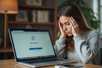 Femme frustrée devant son ordinateur portable essayant de récupérer son mot de passe de compte en ligne