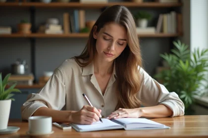 Femme organisée planifiant sa journée avec agenda