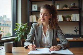 Jeune femme organisée dans son bureau en train de planifier
