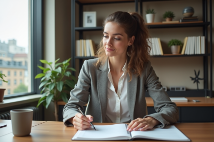 Jeune femme organisée dans son bureau en train de planifier