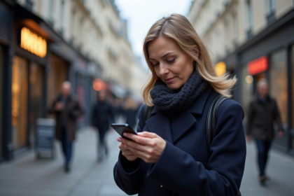 Femme parisienne en manteau navy consulte son téléphone