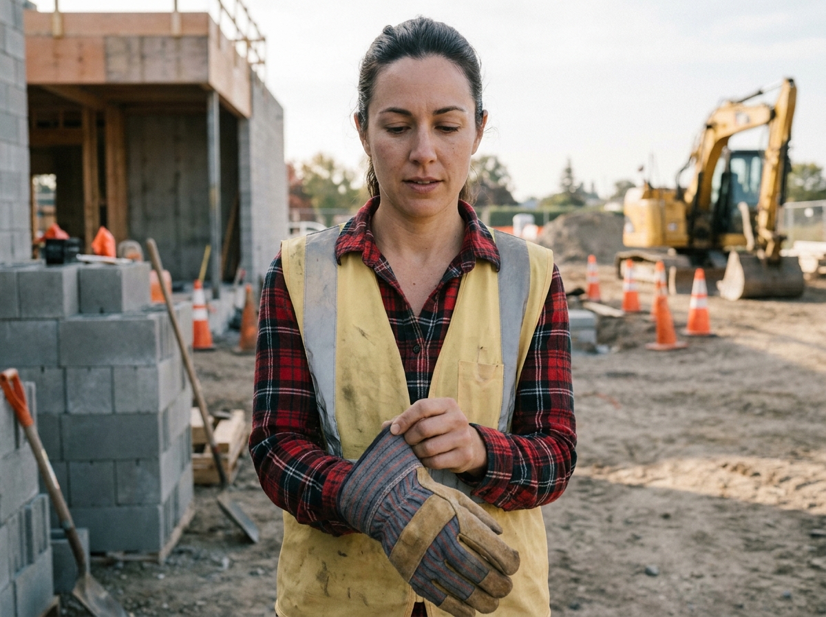 Jeune femme en chantier essayant des gants de protection robustes