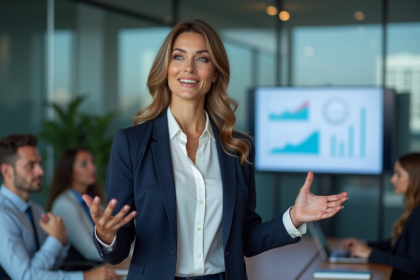 Femme confiante en pr&eacute;sentation dans un bureau moderne
