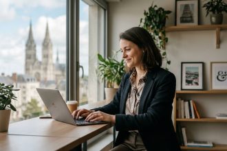 Femme professionnelle souriante travaillant sur son ordinateur à Tours
