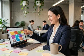 Professionnelle en réunion en ligne présentant un tableau de bord de communauté marketing dans un espace de co-working moderne