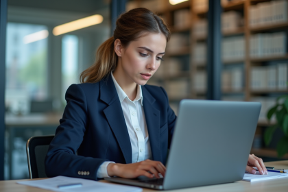 Jeune femme en blazer consultat sites standards