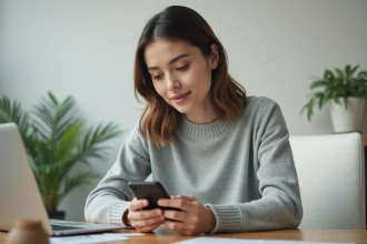 Femme cherchant le numéro de téléphone de BackMarket sur son smartphone depuis un bureau à domicile