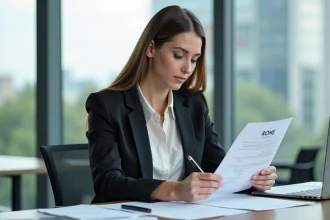 Femme d affaires examine un CV avec logo ROME dans un bureau