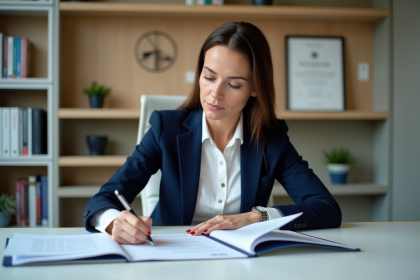 Femme en blazer navy signant des documents dans un bureau professionnel