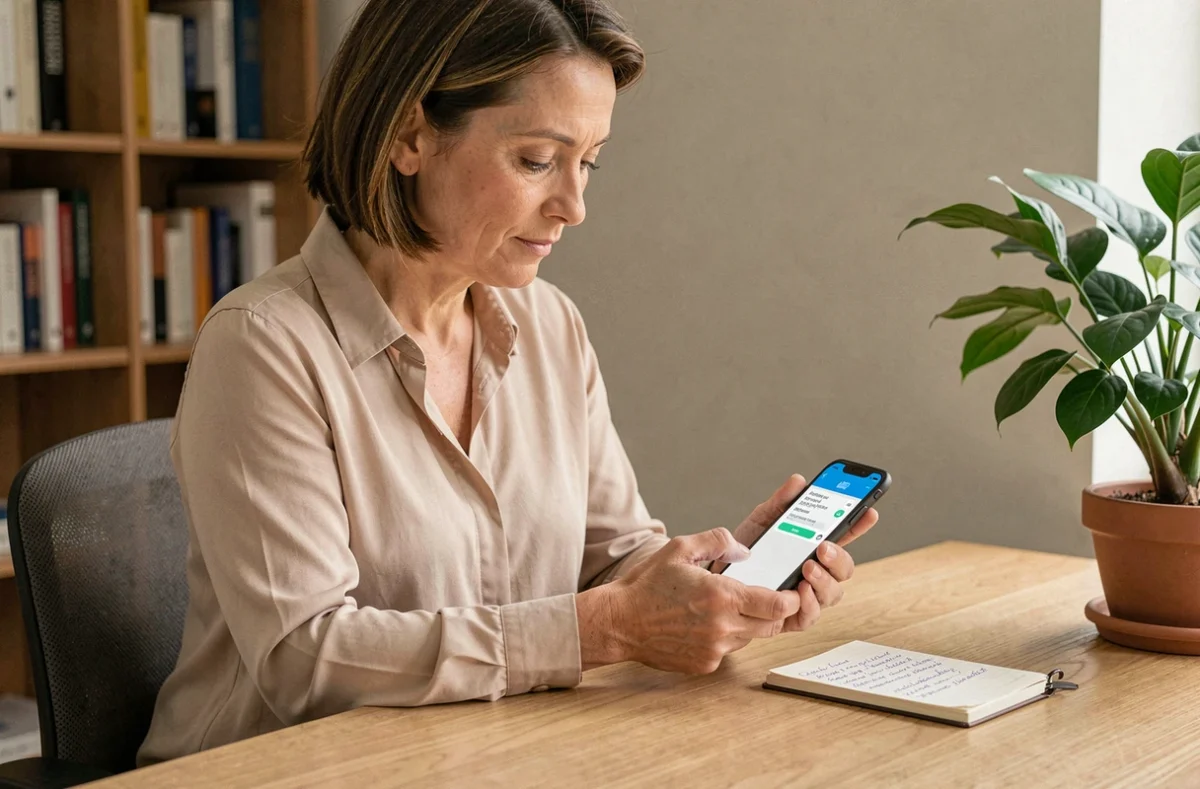 Femme assise à son bureau rédigeant un SMS poli pour reporter un rendez-vous médical