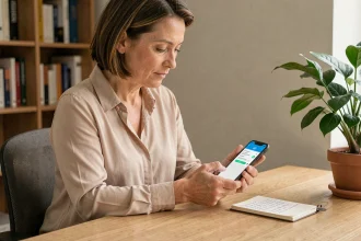Femme assise à son bureau rédigeant un SMS poli pour reporter un rendez-vous médical