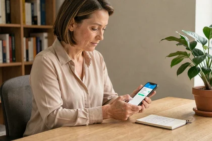 Femme assise à son bureau rédigeant un SMS poli pour reporter un rendez-vous médical