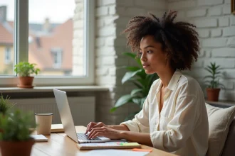 Femme en télétravail travaillant sur son ordinateur portable depuis un bureau à domicile confortable, illustrant la réussite professionnelle sans diplôme