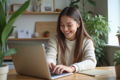 Femme souriante testant un site sur un ordinateur portable moderne