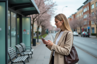 Femme d'âge moyen dans une tenue printanière urbaine vérifiant son téléphone