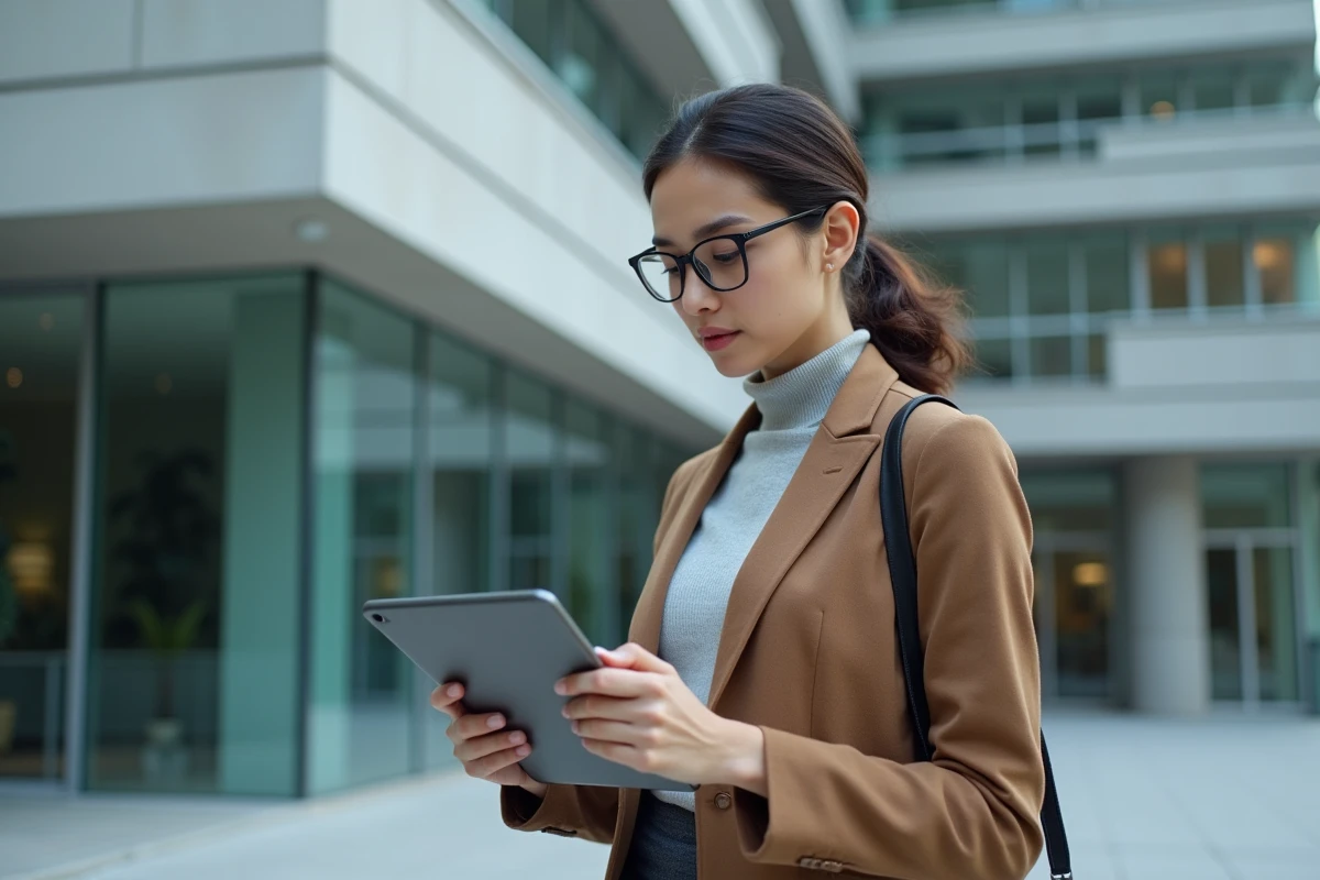 Jeune femme utilisant une tablette devant un bâtiment moderne