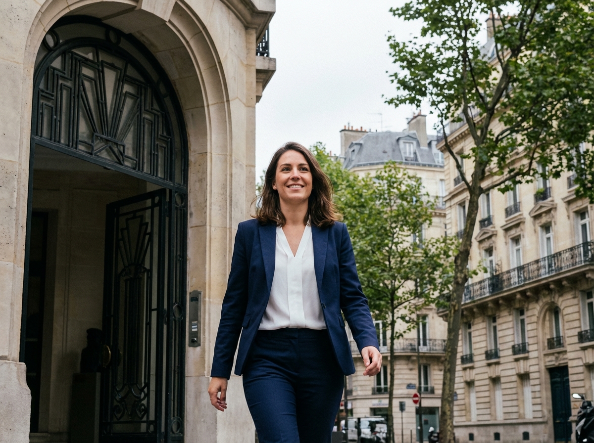 Femme confiante marchant devant une entr&eacute;e Art Deco &agrave; Levallois