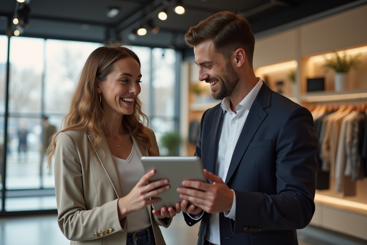 Vendeuse confiante montrant des données de vente avec une tablette