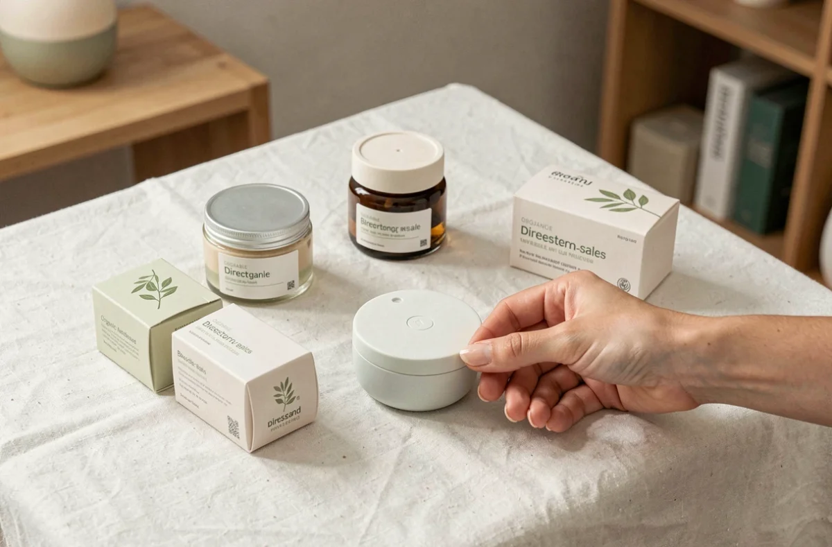 Flat lay de produits tendance à vendre à domicile en 2026 incluant soins, bien-être et accessoires