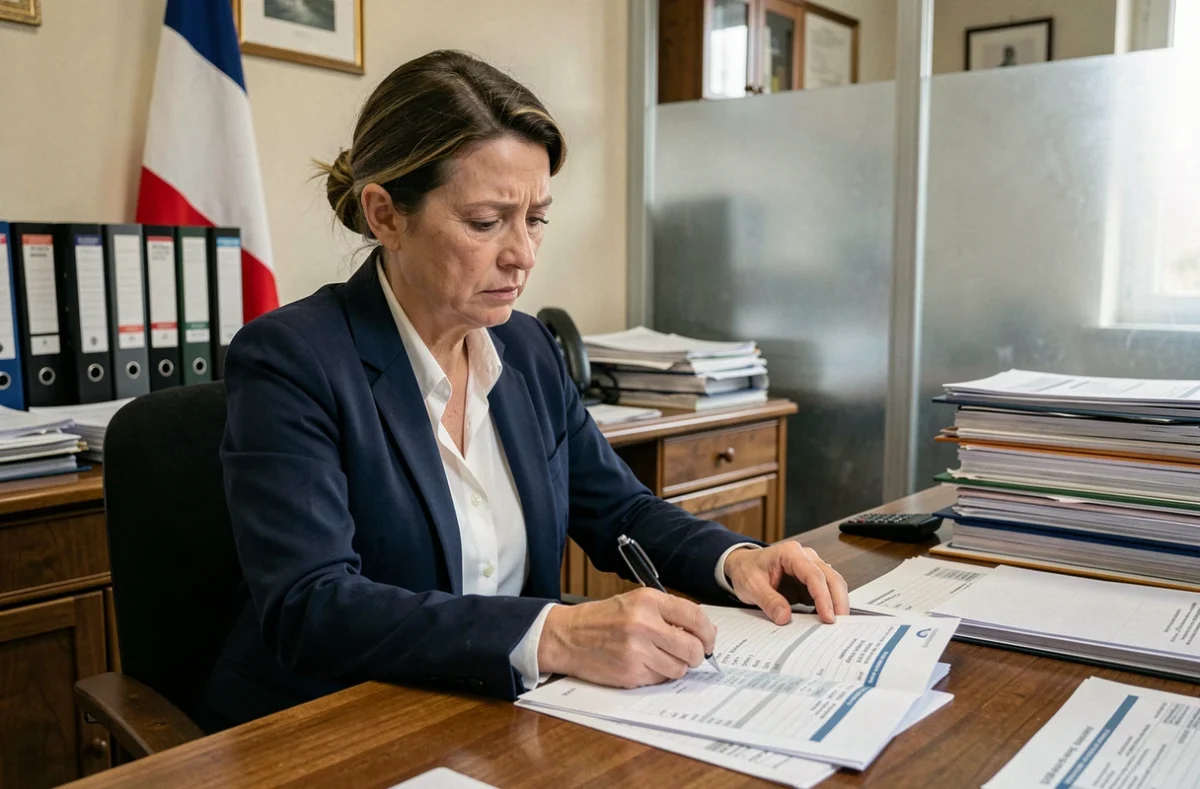 Fonctionnaire femme consultant des documents budgétaires dans un bureau administratif français en 2026