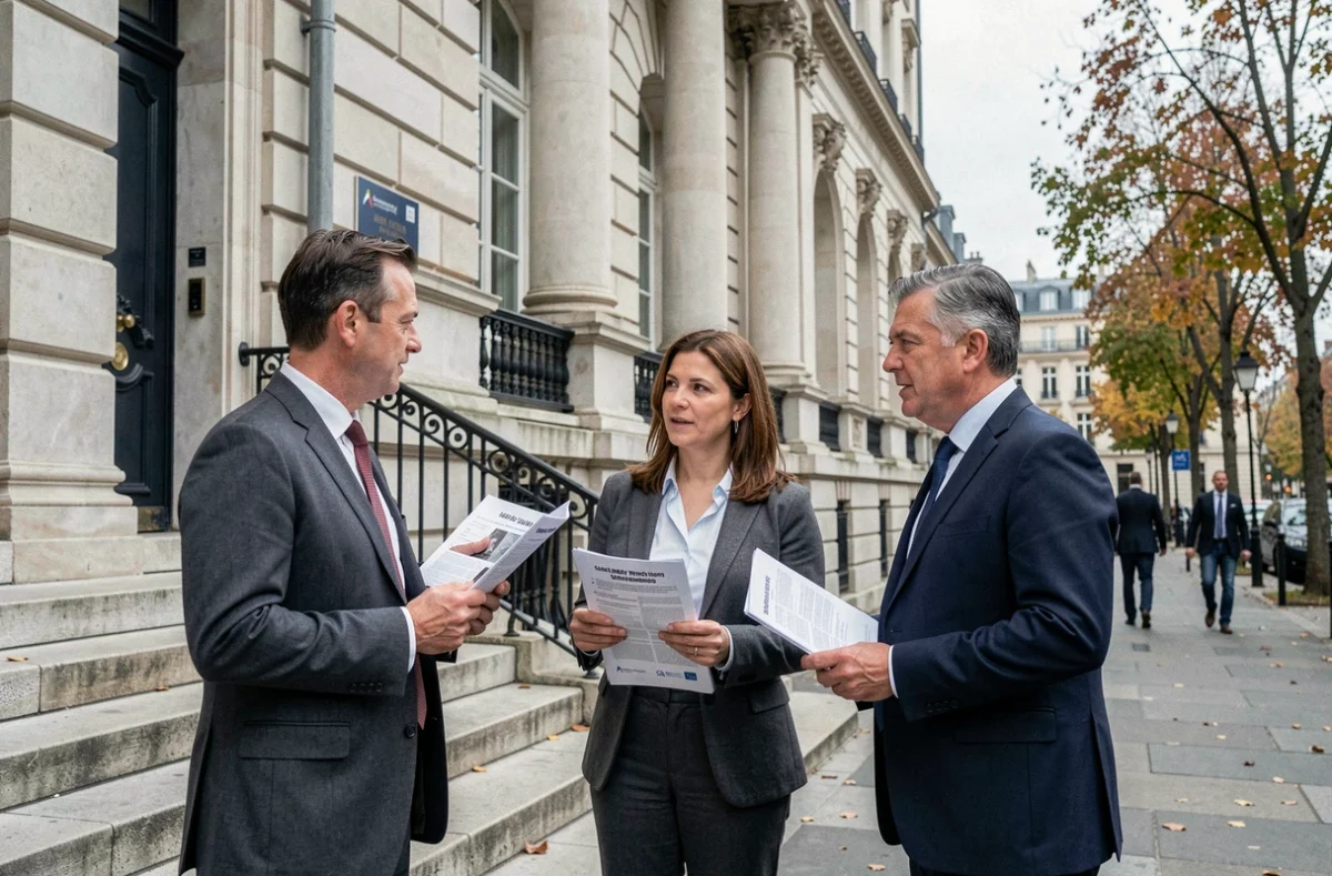 Fonctionnaires discutant de la revalorisation salariale devant un bâtiment administratif parisien