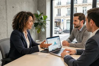 Fondatrice de startup présentant son pitch deck à des investisseurs dans un espace de co-working parisien moderne